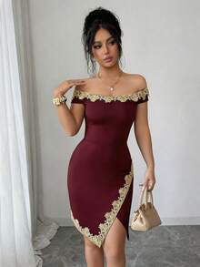 SHEIN Elenzya 优雅浪漫露肩荷叶边不对称下摆连衣裙（女款） - 酒紅色 - 查看 5