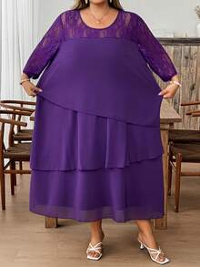 SHEIN CURVE+ 大码女式商务职业蓝色镂空袖蕾丝拼接荷叶边层叠中长连衣裙教师服教师裙秋季连衣裙蕾丝连衣裙四季皆宜 - 紫色 - 查看 5