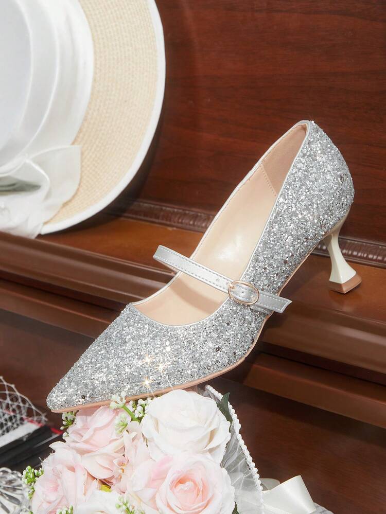 CUCCOO HITCHD Women'shoes Spring And Summer New Stiletto High Heel Romantic Elegant Silver Glitter PU Women's High Heel Shoes Dress Shoes Bridal Shoes Wedding Season Party Valentine's Day Elegant Wear