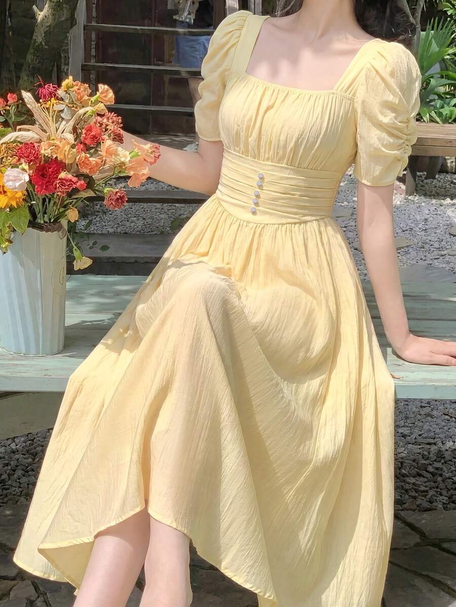 Celisse 女士纯色方领花瓣袖优雅连衣裙 - 淡黃色 - 查看 1