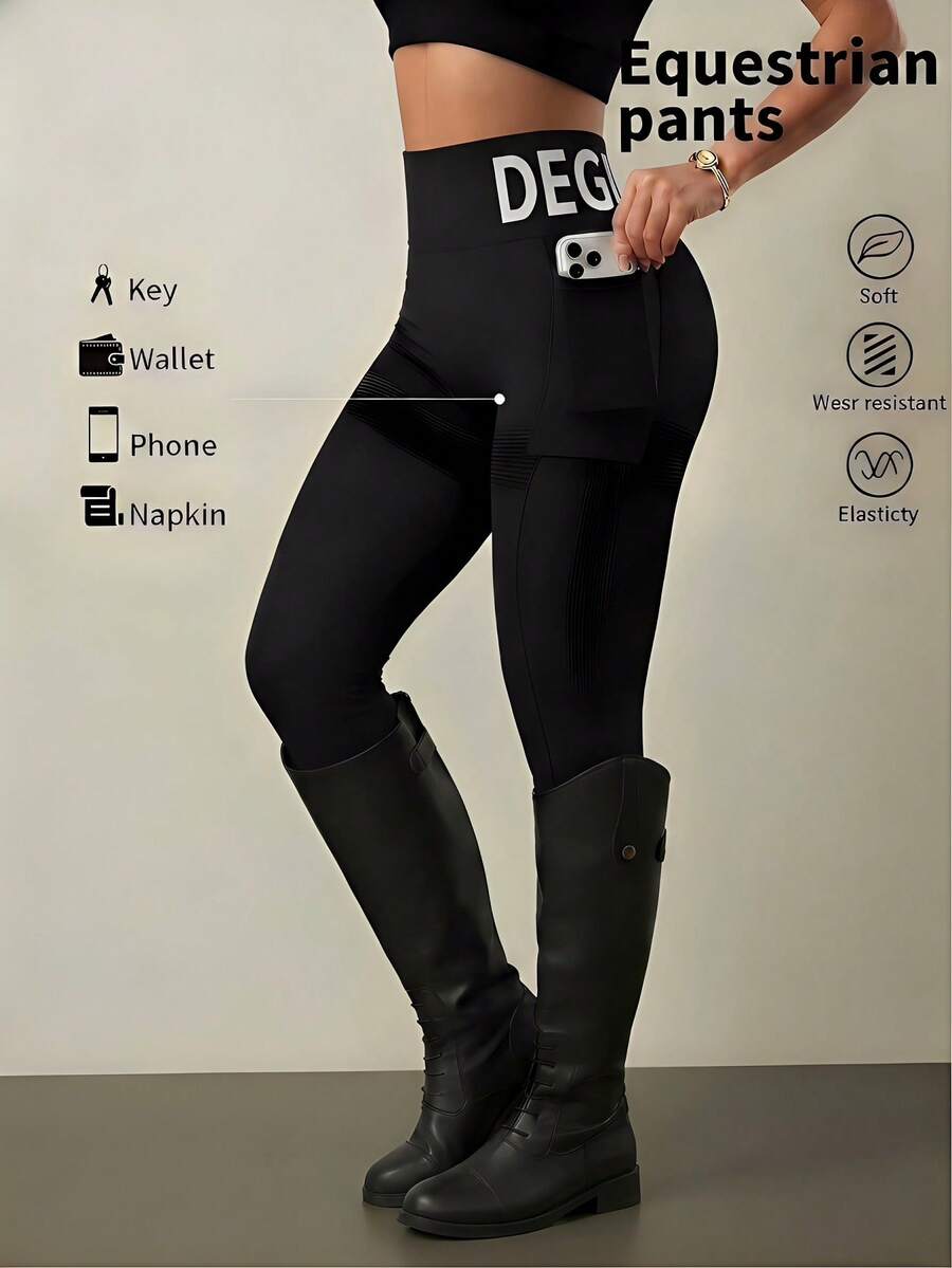 SHEIN With My Calm Women's Letter Waistband Pocket Equestrian Pants - Black - View 1