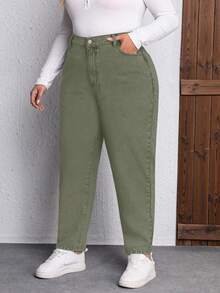 EMERY ROSE Plus Size Solid Color Slant Pocket Slim Fit Casual Non-Stretch Tapered Jeans - Army Green - View 5