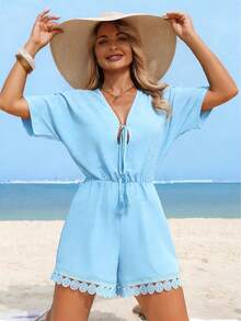 SHEIN Swim Lushore Bộ áo liền quần nữ mùa hè tay cánh dơi cổ chữ V thắt nơ tua rua phối ren tròn. - Màu xanh nhạt - Xem 1