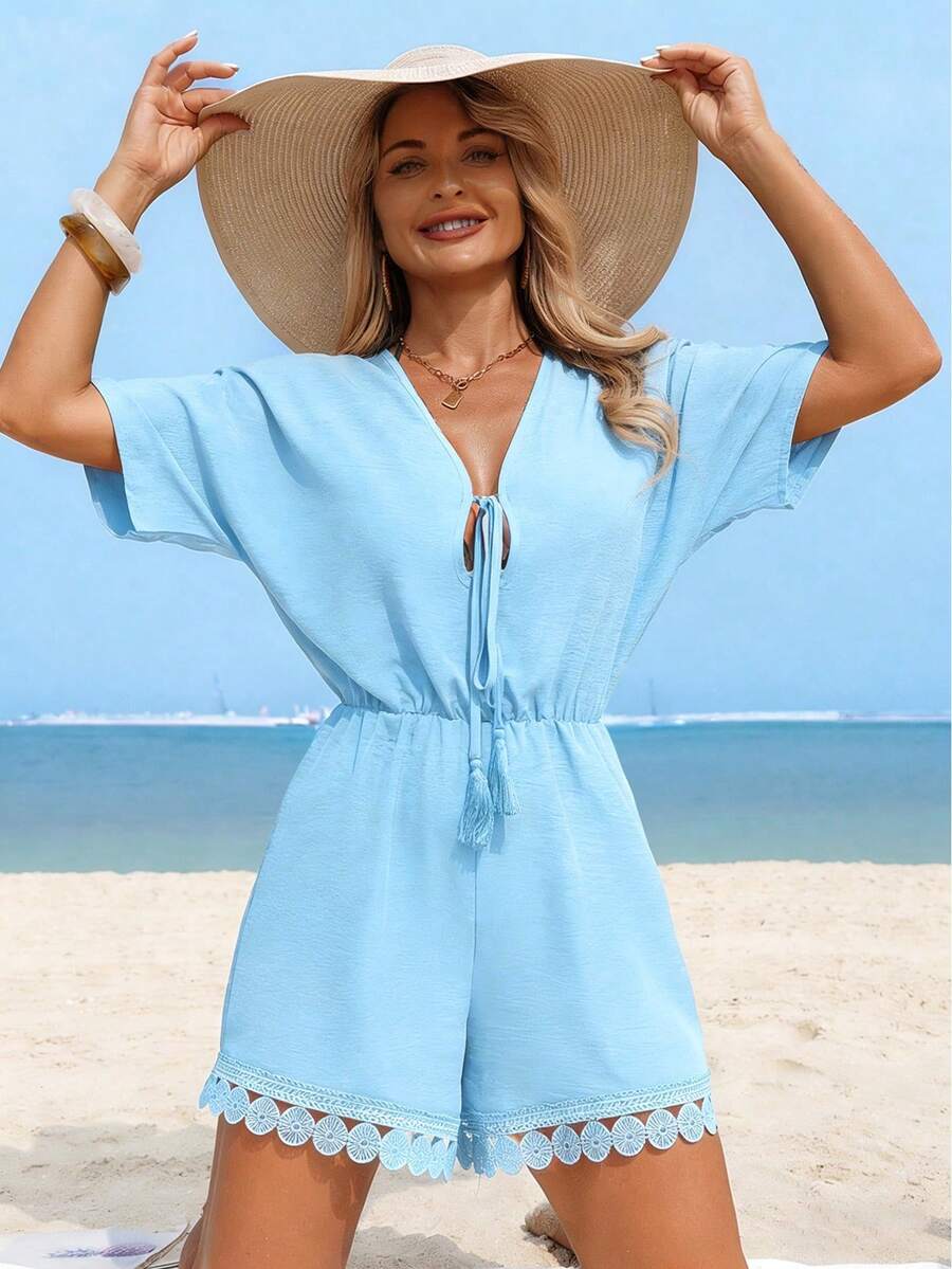 SHEIN Swim Lushore Bộ áo liền quần nữ mùa hè tay cánh dơi cổ chữ V thắt nơ tua rua phối ren tròn. - Màu xanh nhạt - Xem 1