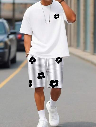 Sorvial Men's Casual Floral Print T-Shirt Set, Suitable For Family Gatherings And Travel