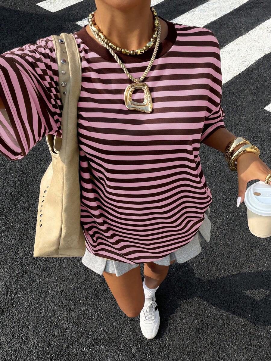 Muchica Yellow Striped Knit Casual T-Shirt For Women - Pink - View 1