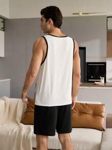 CoupledUp Bộ đồ nam tối giản gồm áo tank top và quần short thêu hình trái tim, chất liệu gân sọc. - trắng - Xem 3