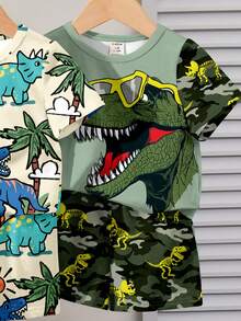 SHEIN Conjunto de 2 piezas para bebé niño: Estilo casual Y2K con estampados de dinosaurio, camuflaje, plantas tropicales, vacaciones y graffiti en camiseta de manga corta de cuello redondo y pantalones cortos, adecuado para primavera/verano, excelente para estilo callejero - Multicolor - Ver 4