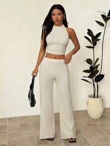 SHEIN PETITE Conjunto de top halter y pantalones para mujer de verano - Albaricoque - Ver 4