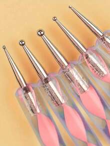 5Pcs Double Ended Nail Art Silicone Pens Double Headed Acrylic Silicone Dotting Pens Stainless Steel Dotting Tools Marble Pattern Painting Pens With Fine Precision Tips For Nail Art Design Professional Salon Home DIY Nail Supplies - Watermelon Pink - View 2