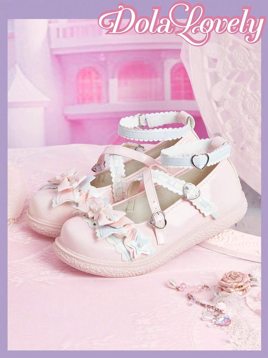 Dola Lovely Giày nữ màu hồng mũi tròn đế xuồng đế dày kiểu Mary Jane rất ngọt ngào và dễ thương, phù hợp cho phong cách Lolita, JK và các bữa tiệc sinh nhật. - Màu hồng - Xem 1