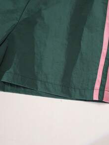 SHEIN Tween Girls Green And Pink Colorblock Short Sleeve T-Shirt And Shorts Set,Summer Casual Gym Sports Style,Loose Fit Lightweight Fabric For Daily Wear - Pink - View 5