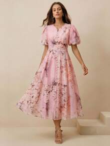 Anewsta Sommerkleider für Frauen, französischer Retro-Ölgemälde-Muster V-Ausschnitt Petal-Ärmel Perlknopf Taille A-Linie Midi-Kleid, elegantes rosa Kleid für Frauen - Pink - Übersicht 4