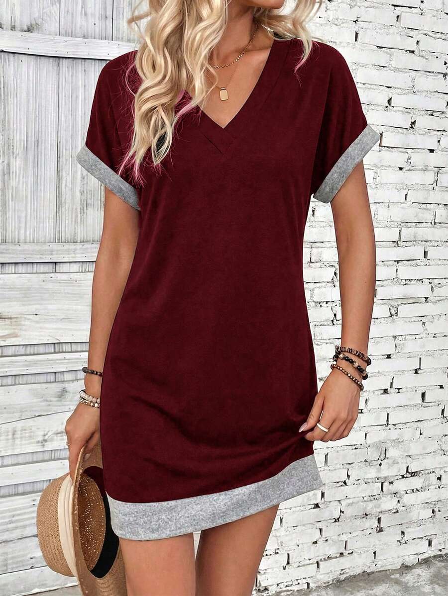 EMERY ROSE Women's Contrast Trim V-Neck Short Sleeve Mini Dress, Summer Vacation Burgundy Casual - Burgundy - View 1