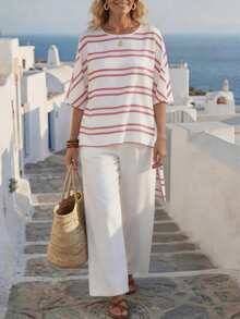 Dayvera Bộ 2 món kiểu dáng nghỉ dưỡng: Áo kẻ sọc bất đối xứng + Quần ống rộng, bộ đồ vải lanh mùa hè, trang phục đi biển rộng rãi, tôn dáng. - Đỏ và trắng - Xem 1