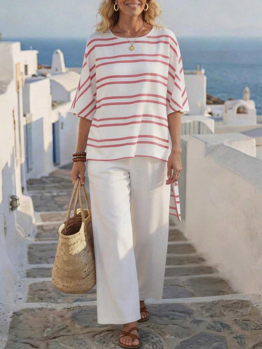 Dayvera Bộ 2 món kiểu dáng nghỉ dưỡng: Áo kẻ sọc bất đối xứng + Quần ống rộng, bộ đồ vải lanh mùa hè, trang phục đi biển rộng rãi, tôn dáng. - Đỏ và trắng - Xem 1
