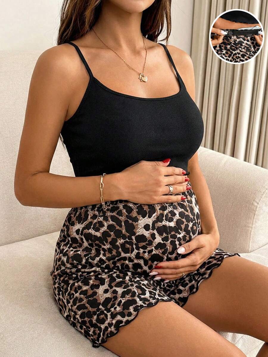 SHEIN Pregnant Women's Summer Casual Fashion Vacation Black Camisole And Leopard Print Lettuce Trim Adjustable Waist Shorts 2-Piece Set - Black - View 1