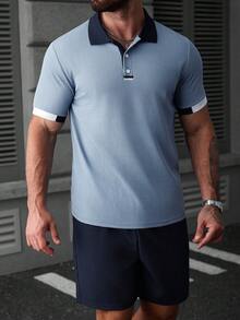 Manfinity CasualCool Men's Contrast Color Collar Waffle Polo Shirt And Shorts Set - Multicolor - View 4