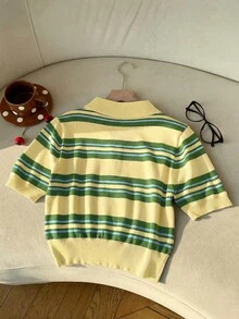SHEIN EZwear Women's Button-Up Striped Short Sleeve Knit Top - Multicolor - View 2