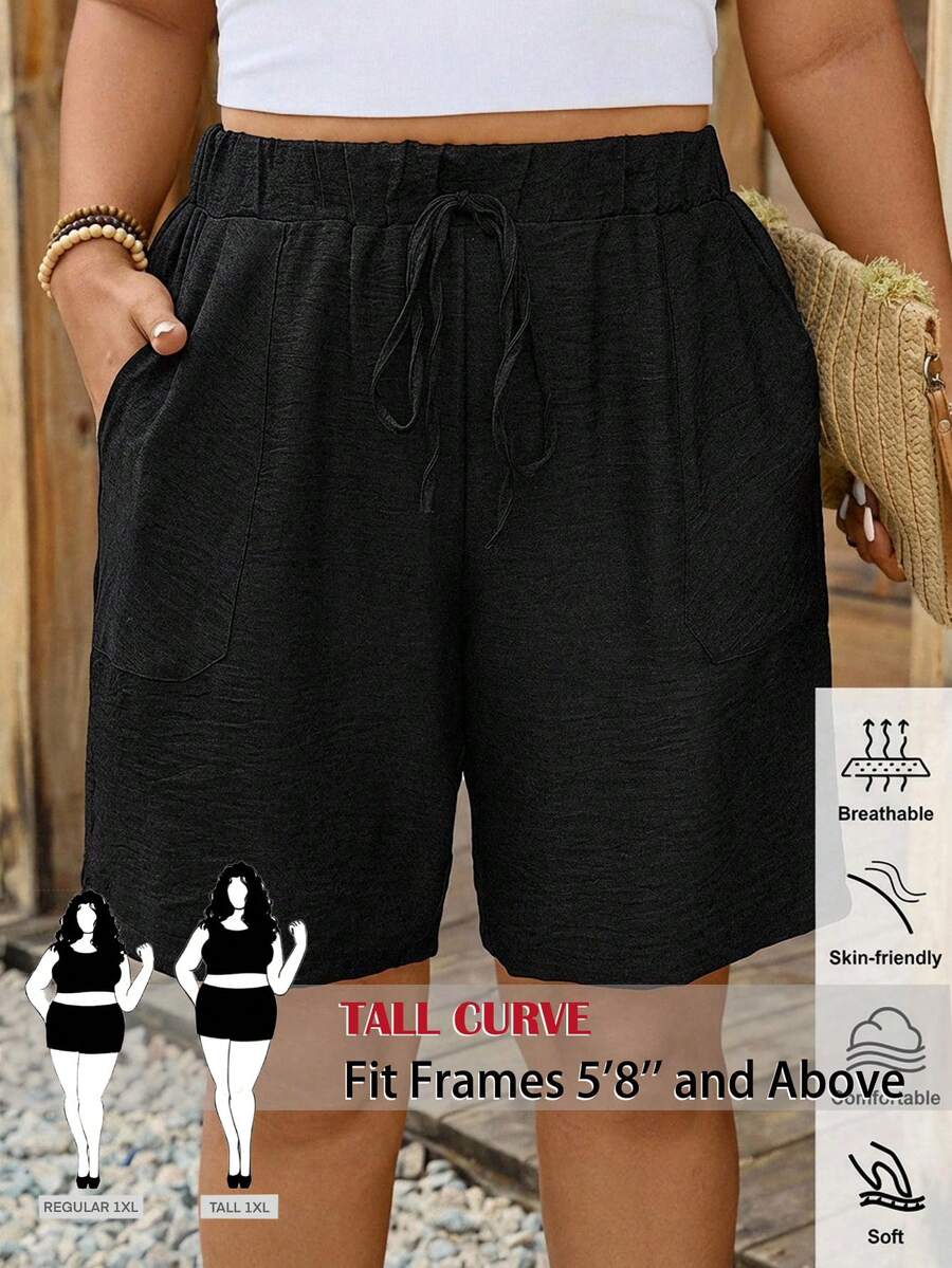 SHEIN Tall CURVE CURVE 大尺碼女款高個子黑色休閒抽繩腰口袋短褲,高腰夏季短褲,適合夏季度假旅行 - 黑色 - 查看 1