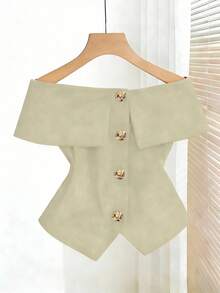 SHEIN Franclia 女士红色露肩上衣，饰有金色玫瑰纽扣，修身性感上衣，适合日常通勤、魅力派对、情人节、新年等场合。 - 杏色 - 查看 5
