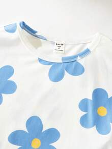 Maija Kids Maija Kids 两件套儿童/女童优雅休闲校园风宽松舒适蓝色花卉印花翻领无袖上衣和裤子套装，适合日常穿着、返校、外出、运动、春夏季节。 - 藍白色 - 查看 4