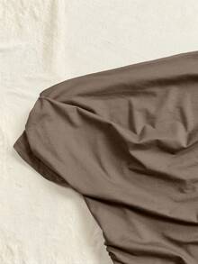 女士纯色简约露肩T恤，休闲日常穿着 - 棕色 - 查看 3