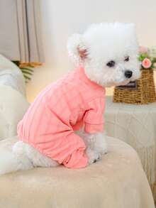 PETSIN 1件宠物纯色条纹针织家居服，透气舒适，四季皆宜连体衣，四色可选小型犬四脚睡衣 - 彩色 - 查看 11
