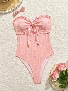 Swim Mod New Summer Women Spaghetti Strap Ruffle Front Bow Tie Waist One Piece Swimsuit, White Casual Sexy Vacation One Piece Swimsuit Golf - Pink - View 3