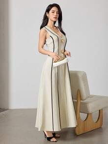 女式撞色镶边V领无袖优雅夏季连衣裙 - 綠色 - 查看 6