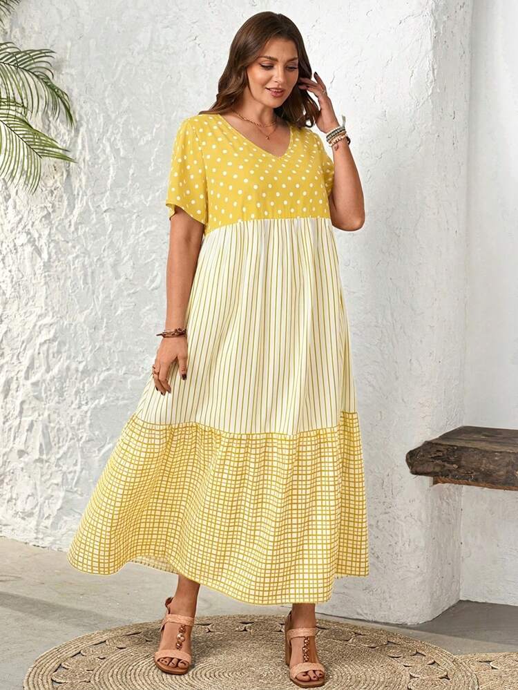 Plus Size Summer Casual Color Block Striped Polka Dot Plaid Print Dress