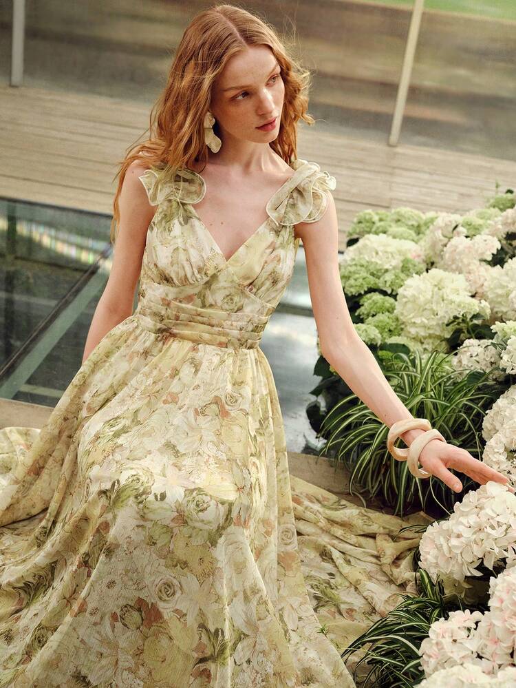 WOMEN'S RUFFLE STRAP FLORAL PRINT MAXI A-LINE DRESS