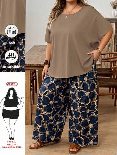SHEIN CURVE+ 2pcs Plus Size Women Vacation Loose Shirt And Ditsy Floral Pants Set