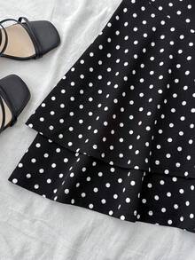 SHEIN Đầm ngắn chấm bi hở lưng cho bé gái tuổi teen, có dây buộc/viền xếp ly và thiết kế hai lớp, thích hợp cho tiệc tùng, hẹn hò, ngày Valentine, kỳ nghỉ. - màu đen - Xem 5