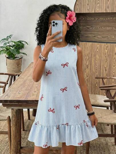 Vestido de muñeca casual de cuello redondo sin mangas con volantes en el bajo para niñas preadolescentes en primavera/verano, vestido de lino tejido a rayas para uso diario y vacaciones