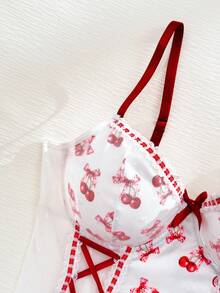 女士蝴蝶结樱桃印花交叉露背连体裤 - 紅白色 - 查看 8