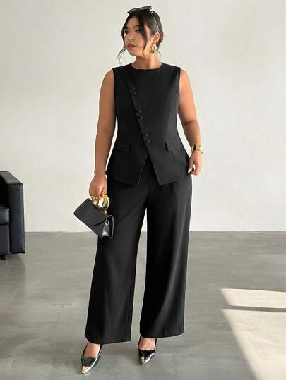 Firerie Completo da donna elegante e versatile per l'ufficio e il tempo libero, composto da blazer smanicato con bavero asimmetrico e bottoni in vita e pantaloni a vita alta, colore kaki grigio, set da 2 pezzi, adatto per l'autunno/inverno
