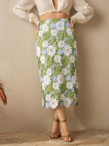 Elegant Romantic Vacation Colorblock Floral Print Slim Fit Hollow Design High-End Comfortable Plus Size Women's Midi Skirt - Multicolor - View 2