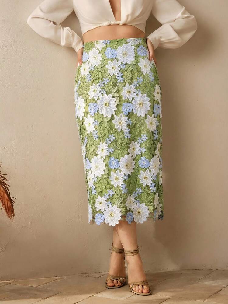 Elegant Romantic Vacation Colorblock Floral Print Slim Fit Hollow Design Comfortable Plus Size Women Midi Skirt