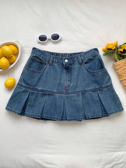 Comfortcana Plus Size Summer Casual Pleated Denim Skirt