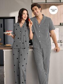 简约黑白条纹翻领短袖男士睡衣套装 - 黑色 - 查看 5