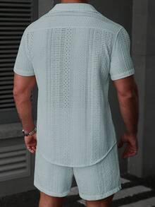 VENTUSAIL Men's Solid Color Front Button Short Sleeve Shirt And Slant Pocket Shorts Set, Holiday - Green - View 2