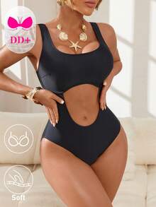 Swim DD+ Áo tắm liền thân màu trơn khoét eo dành cho nữ, thích hợp cho kỳ nghỉ biển, tiệc bể bơi, tiệc bãi biển. - màu đen - Xem 3