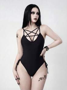 ROMWE Goth 女士纯色侧系带连体泳衣，深色款 - 黑色 - 查看 3