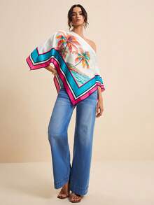 LOTSLUV Áo kiểu satin nữ mùa xuân/hè họa tiết cây dừa xanh dương, cổ chữ V, tay cánh dơi, viền tương phản. - Nhiều màu - Xem 7