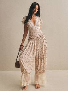 Women's Pants Vintage Floral Lace-Trim Palazzo Pants – Boho High-Waist Drawstring Wide-Leg Lounge Trousers Boho Floral Pants, Lace Trim Pants, Wide Leg Palazzo, Cottagecore Pants, Summer Lounge Trousers, Vintage Floral Bottoms, Boho Chic Outfit, Flowy Beach Pants Casual Vacation Ditsy Floral Drawstring Waist Contrast Lace Hem Wide Leg Pants Festival Outfits For Women Beach Outfit For Women Vacation Outfits Country Concert Outfit Y2k Women's Fashion Floral Pants - Multicolor - View 5