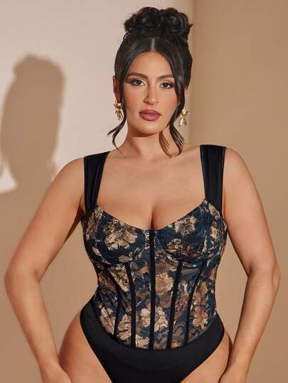 SHEIN BAE Áo kiểu nữ cỡ lớn in hoa, gợi cảm, đa năng, thích hợp cho hẹn hò và đi chơi.