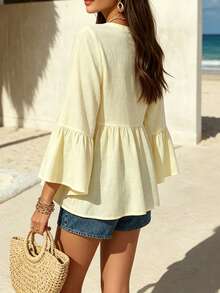 EMERY ROSE White V-Neck Ruffle Sleeve Women's Casual Shirt - Apricot - View 2
