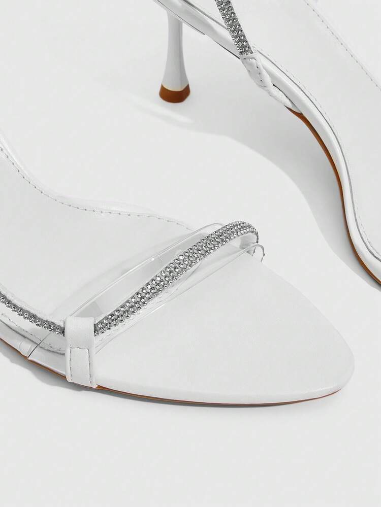 CUCCOO SZL Women Shoes Pointed Slender Heels White Rhinestone Strips Back Ankle Strap Open Toes Sexy Fashion Gorgeous Dresses Banquet Party Nightclub Women High Heels Sandals