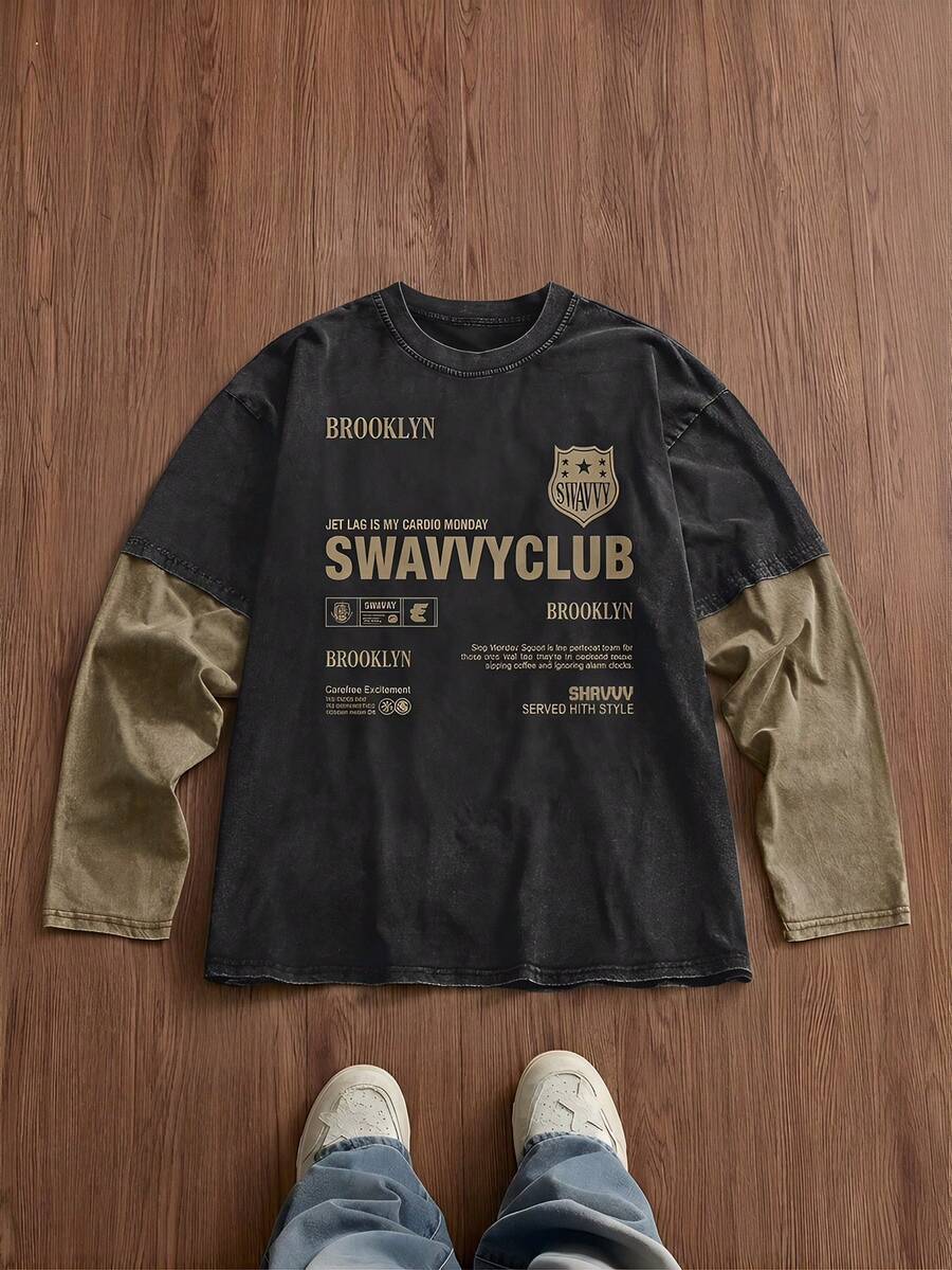 SWAVVY 男士标准尺码春秋季休闲长袖T恤，黑色撞色印花，圆领 - 黑色 - 查看 1